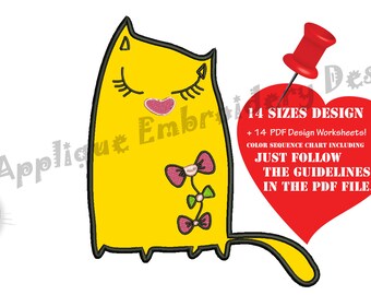 Cat with Bows Embroidery Applique Design- Pretty Kitty Applique - Girls Embroidery- Applique Patterns-Instant Download-PES