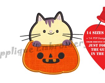 Cat Pumpkin Halloween Embroidery Applique Design- Halloween Pumpkin-Cute Kitty-Applique Patterns-Instant Download-PES