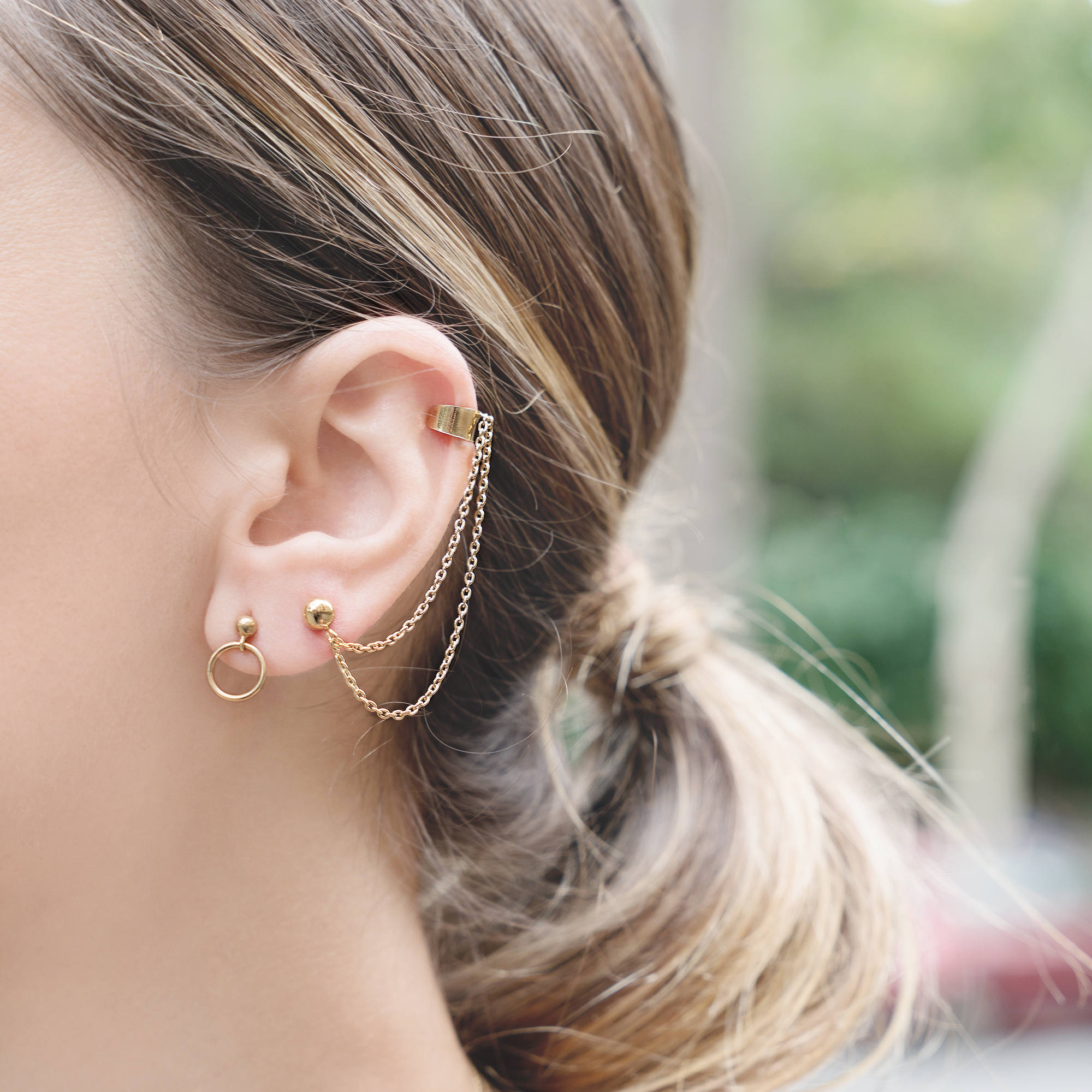 one piece Sterling Silver Ear Cuff Earring with chain /& Ball Stud