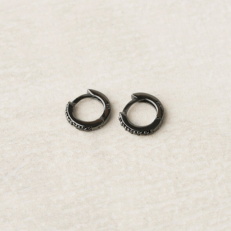 Black Hoop Earring Sterling Silver Huggie Earring 11mm Hoop Etsy