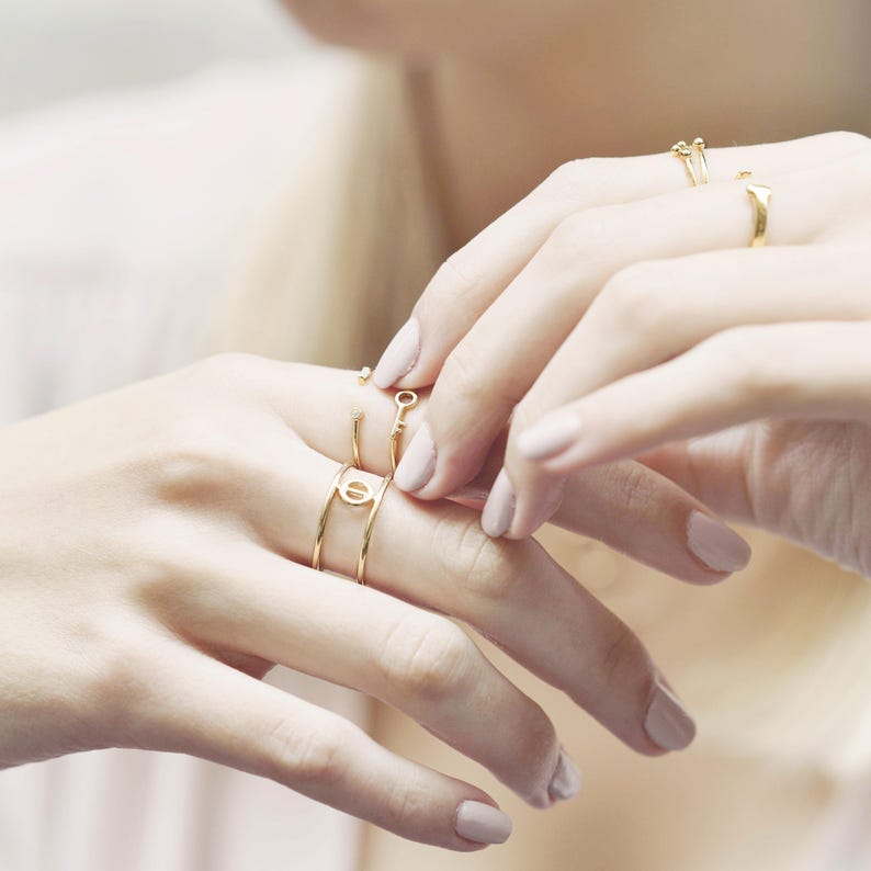Open Ring Gold Bar Ring For Women Parallel Bar Ring Cage Ring Moon Phase Ring Geometric Ring Full Moon Ring Double Gold Ring