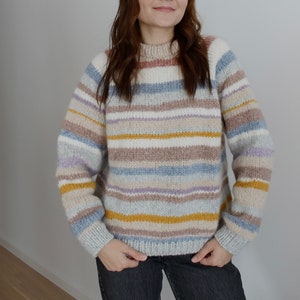 Zero waste alpaca knit sweater, chunky basic pullover, patchwork sweater, striped sweater, oversized pullover, pastel sweater, handknitted image 1