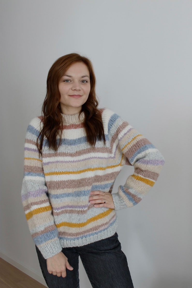 Zero waste alpaca knit sweater, chunky basic pullover, patchwork sweater, striped sweater, oversized pullover, pastel sweater, handknitted image 5