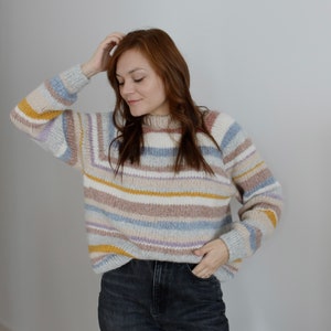 Zero waste alpaca knit sweater, chunky basic pullover, patchwork sweater, striped sweater, oversized pullover, pastel sweater, handknitted image 2