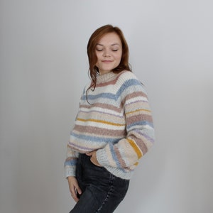 Zero waste alpaca knit sweater, chunky basic pullover, patchwork sweater, striped sweater, oversized pullover, pastel sweater, handknitted image 4