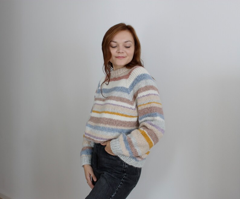 Zero waste alpaca knit sweater, chunky basic pullover, patchwork sweater, striped sweater, oversized pullover, pastel sweater, handknitted image 4