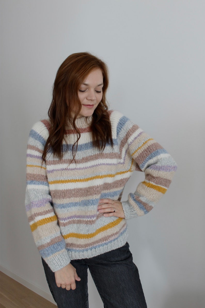 Zero waste alpaca knit sweater, chunky basic pullover, patchwork sweater, striped sweater, oversized pullover, pastel sweater, handknitted image 6