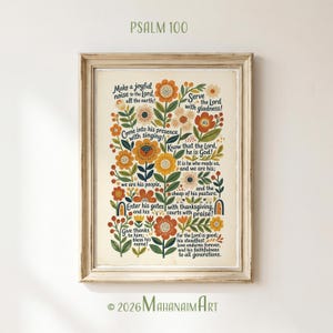 Könnte beinhalten: Ein gerahmter Wandkunstdruck mit dem Text von Psalm 100 in dunkelblauer Schrift, umgeben von farbenfrohen Blumenillustrationen in Orange-, Gelb-, Rot- und Grüntönen. Das Kunstwerk befindet sich auf einem cremefarbenen Hintergrund in einem hellen Holzrahmen.