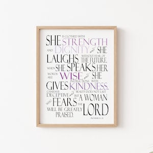 Spreuken 31:25 afdrukken kunst, muur kunst bijbelvers Spreuken 31 afdrukken, muur bijbel decor ze is gekleed bijbel vers kunst schrift, dochter cadeau