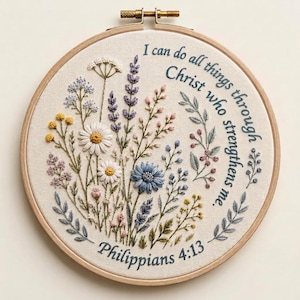 Philippians 4:13 I can do all things through Christ | Stick and Stitch Hand Embroidery Stabiliser Pack | Floral Embroidery Wreath