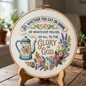 1 Corinthians 10:31 Embroidery Pattern | Christian Bible Verse Embroidery | Teapot & Floral Hoop Art | Beginner Hand Embroidery