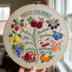 Könnte beinhalten: Ein runder Stickrahmen mit beigem Stoffhintergrund und dem Text "FRUITS OF THE SPIRIT" am oberen Rand. Das Motiv zeigt einen Baum, dessen Zweige in verschiedenen gestickten Früchten und Blumen enden, beschriftet mit Wörtern wie Love, Joy, Peace, Patience, Kindness, Goodness, Faithfulness, Gentleness und Self-control.