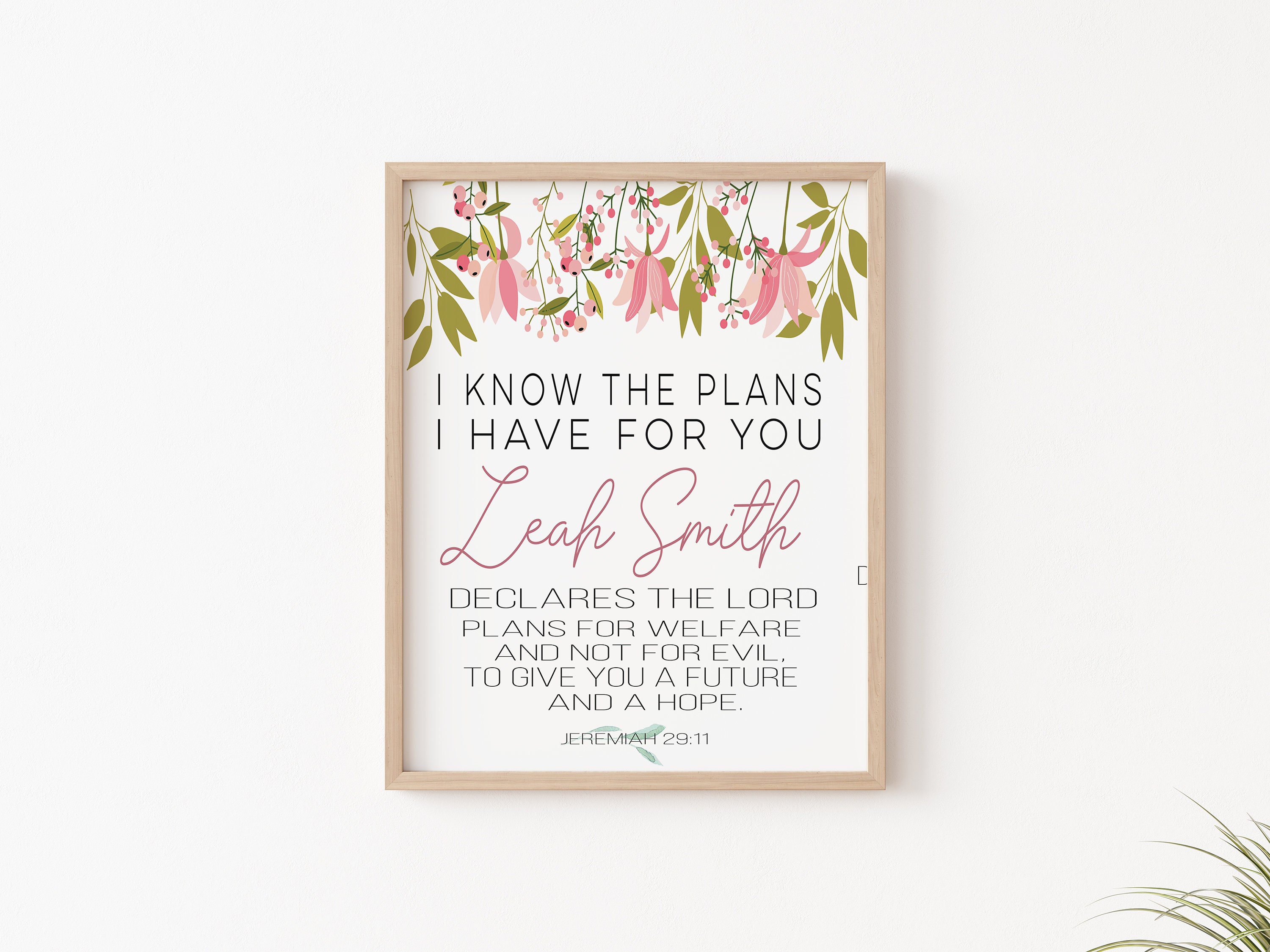 Jeremiah 29:11 print, Bible verse wall print Jeremiah 29 nursery personalised, Bible wall art decor, I know the plans I have for you