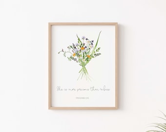 Proverbs 3:15 print, Wall Art Scripture Poster Proverbs 3 Bible wall decor art nursery, She is more precious, wildflowers bible print