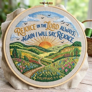 Puede incluir: Un bastidor de bordado circular con un paisaje cosido sobre tela beige. El diseño presenta colinas verdes, un amanecer y flores silvestres. El texto dice: REJOICE IN THE LORD ALWAYS; AGAIN I WILL SAY, REJOICE. PHILIPPIANS 4:4.