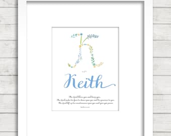 Baby Dedication blessing , blue version, custom baby gift, Flowers Alphabet, Numbers 6, Baby Bible Verse, Custom gift, Baby Blessing,