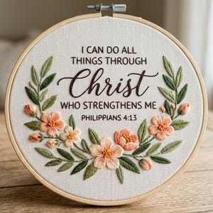 Peut inclure: Un tambour à broder circulaire en bois encadrant un tissu blanc avec des motifs floraux cousus à la main dans des tons pêche et vert. Le centre présente un texte brodé en noir indiquant I CAN DO ALL THINGS THROUGH Christ WHO STRENGTHENS ME PHILIPPIANS 4:13.