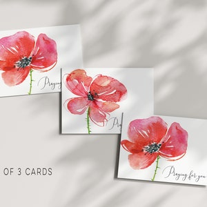 Note cards Praying for you, Christian message, personalised message, custom details, poppies note card, Christian card, Set of 3 cards
