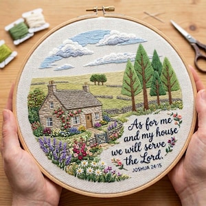 May include: A circular embroidery hoop containing a landscape scene of a stone cottage with a garden, trees, and clouds. The text reads: As for me and my house we will serve the Lord. JOSHUA 24:15. The design features green, blue, pink, and white thread.