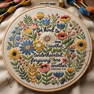 May include: A circular wooden embroidery hoop containing a beige fabric panel with colourful floral embroidery and the text: Be kind to one another, tenderhearted, forgiving one another, EPHESIANS 4:32. The design features blue, yellow, and pink flowers.