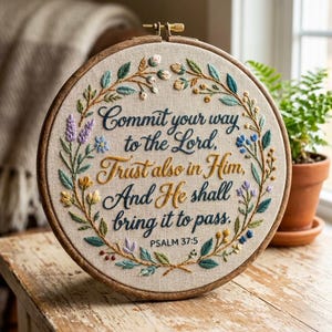 May include: A circular wooden embroidery hoop containing beige fabric with hand-stitched floral embroidery in shades of green, blue, yellow, and purple. The text reads: Commit your way to the Lord, Trust also in Him, And He shall bring it to pass. PSALM 37:5.