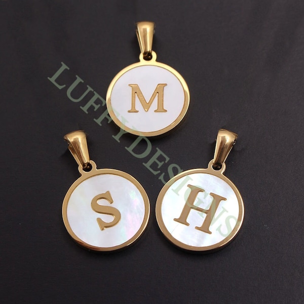 Round Letter Charm, Alphabet Charm, Shell Letter Pendant, 26 Letters Initial Charms, Gold Plated Stainless Steel, Mother of Pearl Letter
