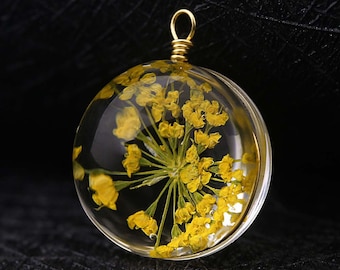 5pcs Glass Dried Flower Pendant, Queen Anne's Lace Flower Charms, Real Flowers Jewelry, Glass Ball Pendant, Round Globe Floral Pendant