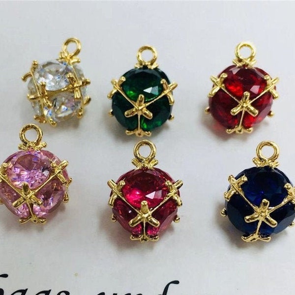 10pcs Cubic Crystal Rhinestone Charm, Faceted Zircon Charm, Gold Rhinestone Pendant, Birthstone Pendentif Charm, Drop Gems Charms, 4mm/6mm
