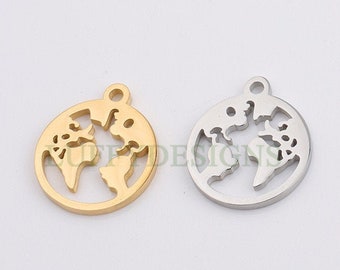10pcs Round World Charm, World Map Pendant, Earth Charm, Globe Charm, Travel Jewelry, 18K Gold plated Stainless Steel, Gold World Map Charms