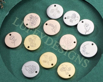 10pcs Birth Flower Charms 15mm, Birth Month Flower Pendant, Birthday Gift, Steel Floral Flower Tag Charm, New Mom Personalized Gift