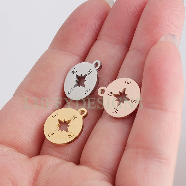 10pcs Compass Charm, Gold Compass Pendant, Hollow Compass Pendant, 18K Gold plated Stainless Steel, Nautical Charm, Nautical Pendant