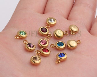 10 dijes de piedra de nacimiento de 6,5 mm, dije de cristal de cumpleaños, gotas de piedra de nacimiento, colgantes de piedra de nacimiento de oro/oro rosa, piedra preciosa de piedra de nacimiento