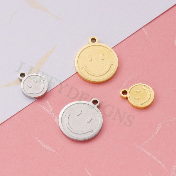 10pcs Smile Face Charm 8mm/13mm, Gold Smile Charm Pendant, Smile Round Disc, Happy Face Pendant, Smiley Symbol, Gold plated Stainless Steel