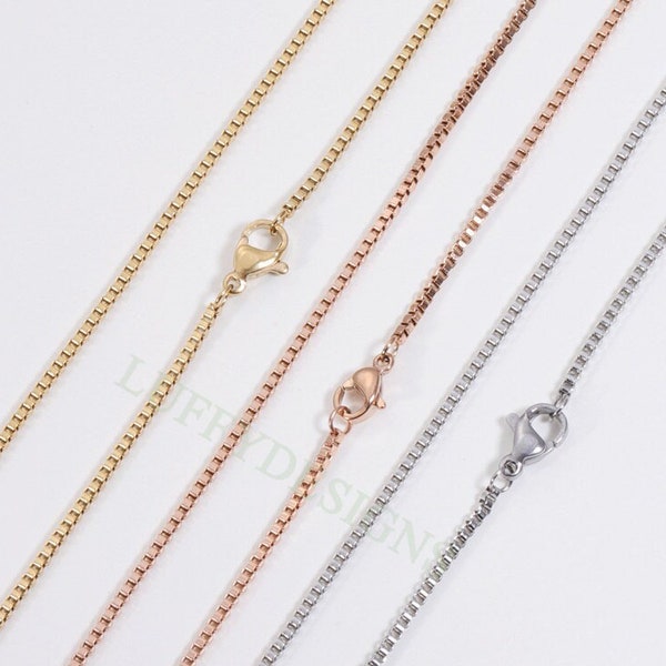 5pcs Finished Box Chain, 1.5mm Square Box Chain Necklace, 18k Gold plated 316L Stainless Steel, Hypoallergenic Womens Chain,Women's Necklace