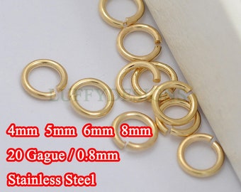 100pcs 0.8mm /20 Gauge, 18K Gold plated 304 Stainless Steel, 4mm /5mm /6mm /7mm /8mm Open Jump Rings, Link Connector, Split gold jump rings