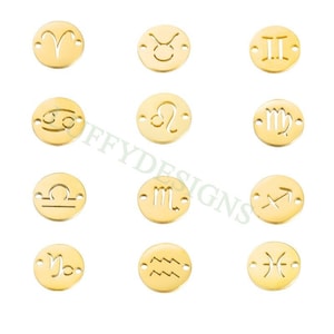 5pcs Round Zodiac Symbol Constellation Charm, Gold plated Stainless Steel, Gold Zodiac Connector, Constellation Charm, Mirror Polished 12mm