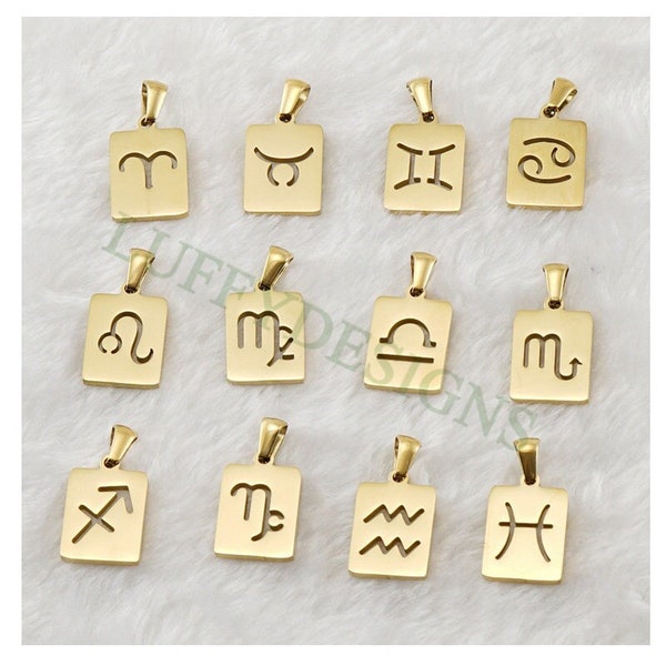 5pcs Zodiac Constellation Necklace, Rectangle Zodiac Symbol, Horoscope Pendant, Steel Astrological Zodiac Signs,Gold Zodiac Pendant Necklace