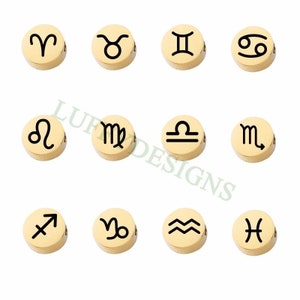 5pcs Round/Heart Zodiac Symbol Constellation Charm 8mm, Gold plated Stainless Steel, Gold Zodiac Beads,Constellation Beads,Zodiac Sign Beads