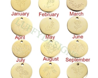 10pcs Birth Flower Charms 12mm/15mm, Birth Month Flower Pendant, Birthday Gift, Steel Floral Flower Tag Charm, New Mom Personalized Gift