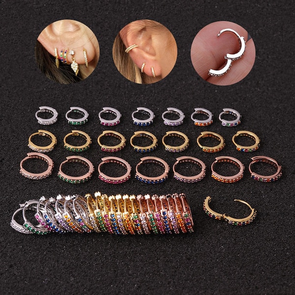 6pcs Clicker Ring Hoops, CZ Round Circle Ring Hoop Earrings, Colorful Zircon Piercing Earring, Lip Ring, Nose Ring, Gold Ear Hoops Findings
