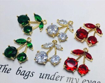 10pcs Cherry Rhinestone Charms, Cherry Floating Pendant, Gold Rhinestone Pendant, Birthstone Charm, Summer Fruit Charm, 14x18mm