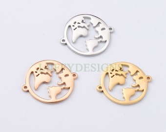 10pcs World Charm with Double Loops, World Map Pendant 27x22mm, Earth Charm, Globe Charm, Travel Jewelry, Stainless Steel World Map Charms