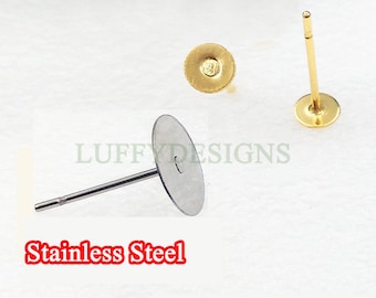 Boucles d'oreilles 20 pièces, clous plats, tige en acier inoxydable 316L plaqué or 18 carats, accessoires pour clous, 5 mm/6 mm/8 mm/10 mm