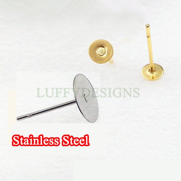 20pcs Earring Post Studs Flat Pad, 18K Gold Plated 316L Stainless Steel Post, Earring Findings, Stud Supplies, 5mm /6mm /8mm /10mm