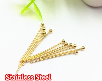 100pcs 16-50mm Stainless Steel Ball Headpins, Ball Pins, Gold Charms Handmade Supplies Wholesale, 18K Gold plated 304 Stainless Steel