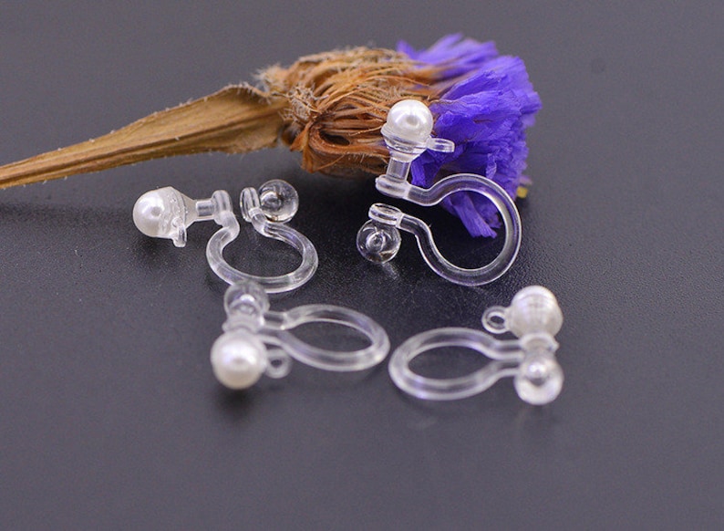 20pcs Invisible clip on earring converter, Resin earring clip with pearl, Non pierced dangle earrings clip findings, Earring Supplies image 4