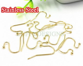 10pcs Gold Ear Wire Hooks, Earring Hooks with Ball, Earring Findings, 316L Stainless Steel Hypo Allergenic French Hooks, Fish Hooks