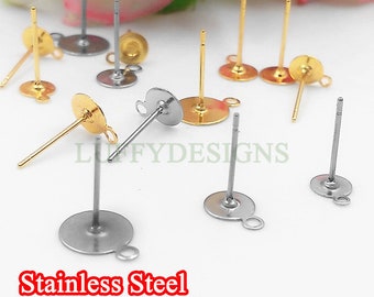 20pcs Earring Post Studs Flat Pad With Loop, 18K Gold Plated 316L Stainless Steel Post, Earring Findings, Stud Supplies, 5mm /6mm /8mm /10mm
