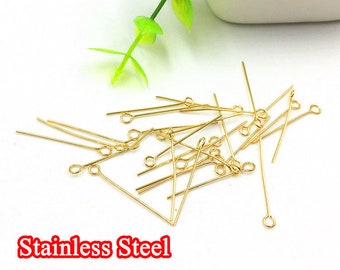 100pcs 16-50mm Stainless Steel "9" Pin Stick, 9-pins, Eye Pins, Gold Charms Handmade Supplies Wholesale, 18K Gold plated 304 Stainless Steel