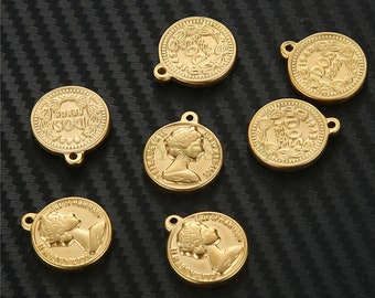 5pcs Queen Elizabeth II Charms, Gold Coin Pendant, Dainty Elizabeth Medallion Charm Pendant, Gold plated Stainless Steel, Vintage Coin Charm